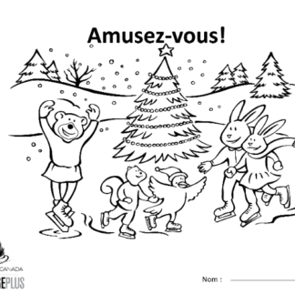 Une image de la feuille à colorier montrant une scène d'hiver avec des animaux en train de patiner autour d'un arbre décoré.