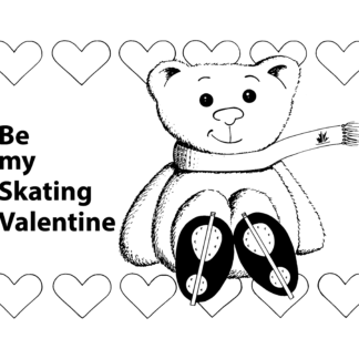 Une image de la feuille à colorier montrant un ours en peluche avec des patins pour la Saint-Valentin.