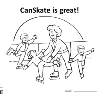 A picture of the colouring sheet showing a coach helping a skater with two additional skaters in the background.
