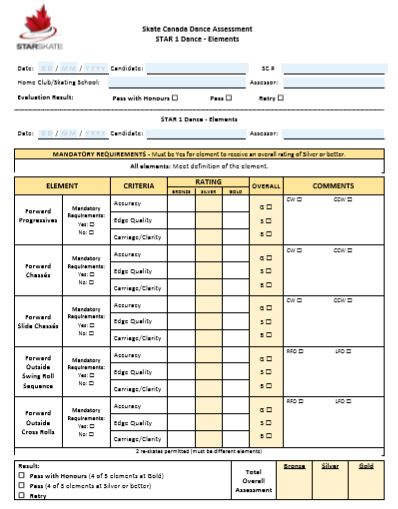 A picture of a Dance assessment sheet.