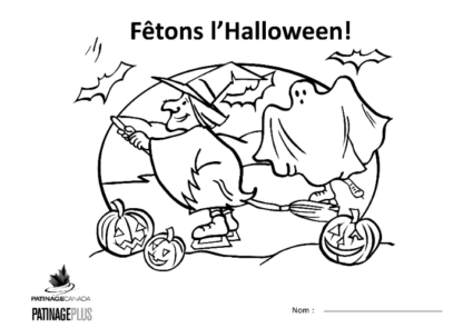 A picture of the colouring sheet showing a skating witch and ghost with jack-o-laterns and bats.