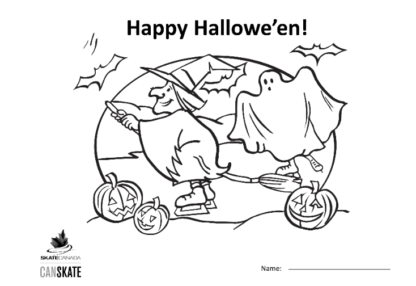 A picture of the colouring sheet showing a skating witch and ghost with jack-o-laterns and bats.