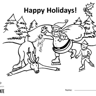 A picture of the colouring sheet showing a winter scene with a reindeer, Santa Clause and two skating elves.