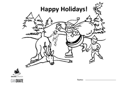 A picture of the colouring sheet showing a winter scene with a reindeer, Santa Clause and two skating elves.