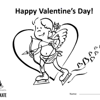 A picture of the colouring sheet showing a skating cupid with a bow and arrow in a heart.