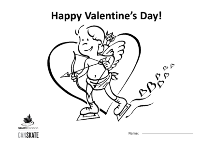 Une image de la feuille à colorier montrant cupidon en patins avec un arc et une flèche dans un cœur.