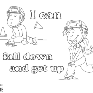 A picture of the colouring sheet with two skaters getting up .