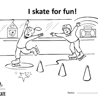 Une image de la feuille à colorier montrant deux patineurs en train de patiner autour des pylônes lors d'une séance de Patinage Plus.