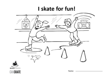 Une image de la feuille à colorier montrant deux patineurs en train de patiner autour des pylônes lors d'une séance de Patinage Plus.