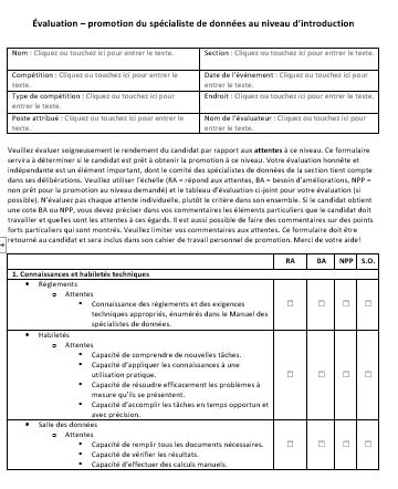 A picture of the Introductory Level Data Specialist assessment form.