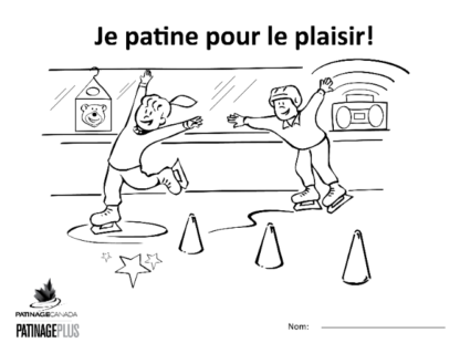 A picture of the colouring sheet showing 2 skaters skating around pylons on a CanSkate session.