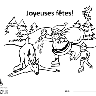 Une image de la feuille à colorier montrant une scène d'hiver avec un renne, le père Noël et deux lutins en patins.