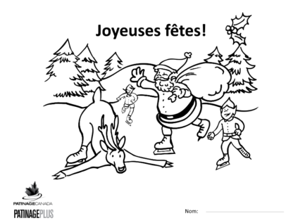 Une image de la feuille à colorier montrant une scène d'hiver avec un renne, le père Noël et deux lutins en patins.