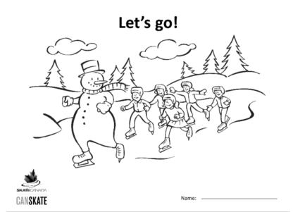 Une image de la feuille à colorier montrant un bonhomme de neige patinant avec 5 patineurs dans une scène hivernale.