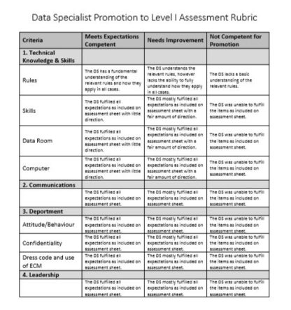A picture of the Level I Data Specialist assessment rubric.