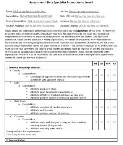 A picture of the Level I Data Specialist assessment form.