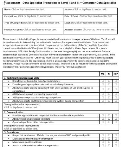 A picture of the Level II Data Specialist promotion or application for Level III examination assessment form.