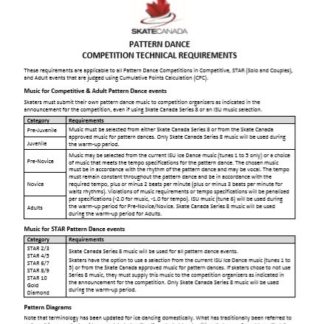 A photo of a document containing a summary of requirements for Pattern Dance Competitions in Competitive, STAR (Solo and Couples) and Adult events.