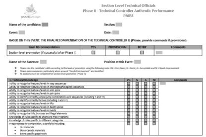 A picture of the TC Phase II Assessment Form - Pairs.