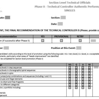 Une image du formulaire d'évaluation phase II - Contrôleur technique : patinage en simple.