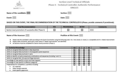 Une image du formulaire d'évaluation phase II - Contrôleur technique : patinage en simple.