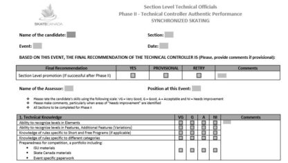 A picture of the TC Phase II Assessment Form - Synchronized Skating.