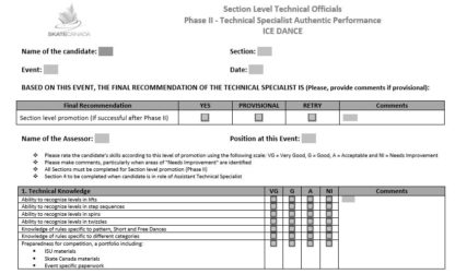 A picture of the TS Phase II Assessment Form - Ice Dance.