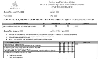 Une image du formulaire d'évaluation phase II - spécialiste technique : patinage en simple.