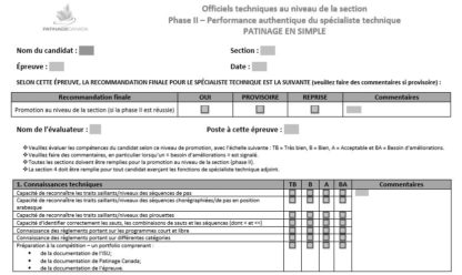 Une image du formulaire d'évaluation phase II - spécialiste technique : patinage en simple.