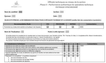 Une image du formulaire d'évaluation phase II - spécialiste technique : patinage synchronisé.