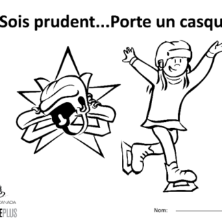 A picture of the colouring sheet showing a helmet and a skater wearing a helmet.