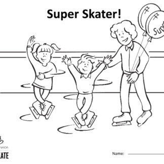 Une image de la feuille à colorier montrant deux patineurs en pirouette et un adulte tenant deux ballons.