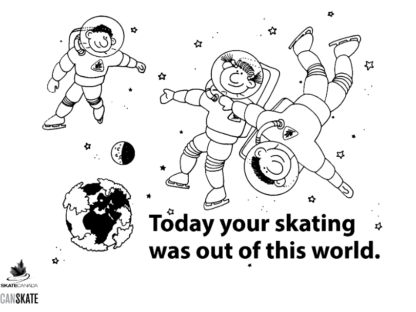 Une image de la feuille à colorier montrant trois astronautes avec des patins dans l'espace.